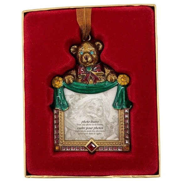 Enamel Rhinestones Christmas Ornament Picture Frame Teddy Bear Vintage Look - Picture 1 of 10